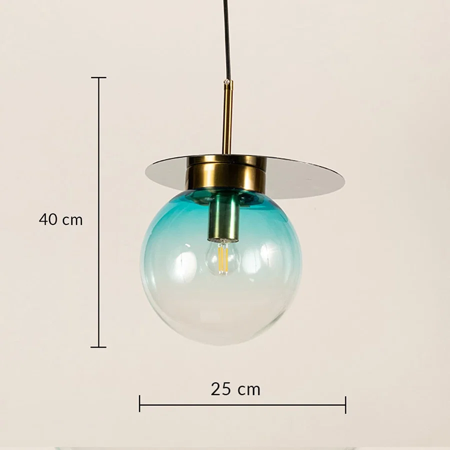 Blue glass globe pendant light measuring 25 cm width and 40 cm height crafted for sophisticated ceiling lighting decor.