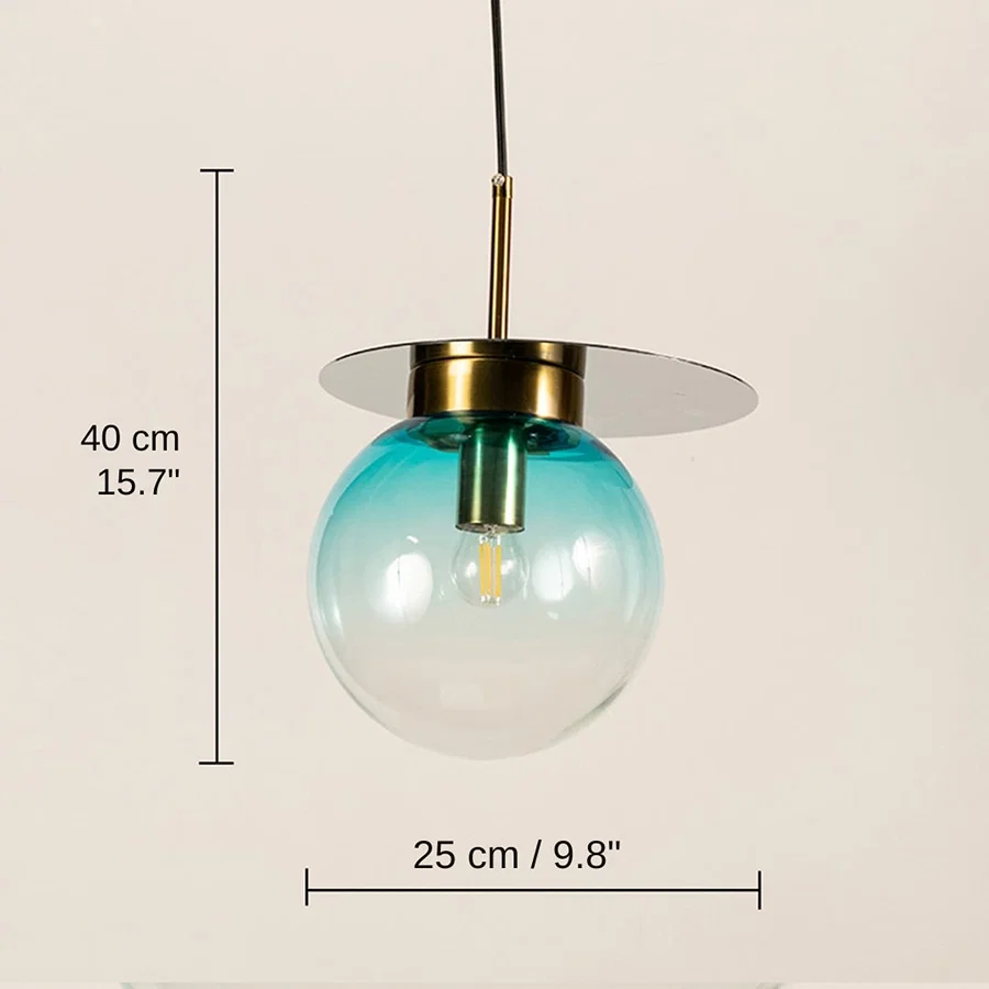Blue glass globe pendant light, 40 x 25 x 25 cm (15.7 x 9.8 x 9.8 inches) dimensions