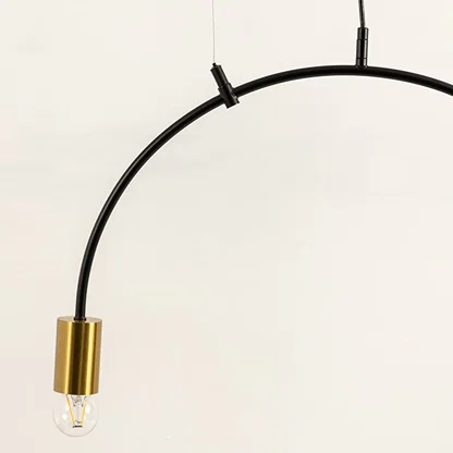 Curved black ceiling light frame with slim hanging wires and a gold bulb holder at the end shown against a light background.