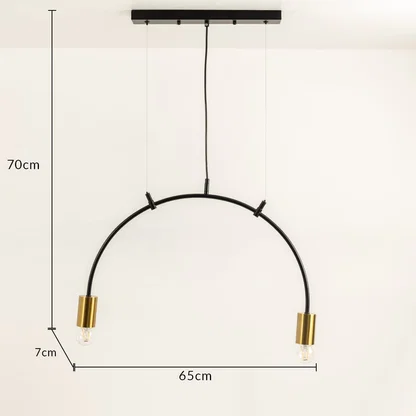 Pendant linear light shown with 70 cm height and 65 cm width featuring curved black metal frame and two metal bulb holders ideal for contemporary interior home decor lighting.