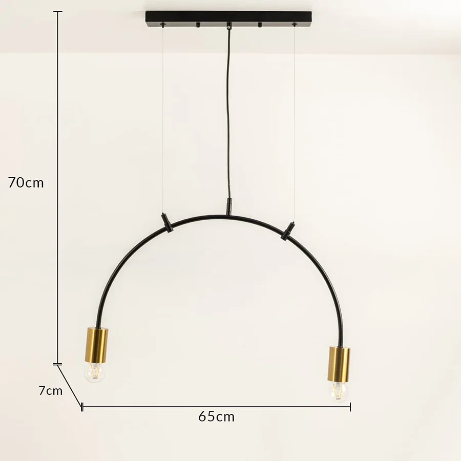 Pendant linear light shown with 70 cm height and 65 cm width featuring curved black metal frame and two metal bulb holders ideal for contemporary interior home decor lighting.