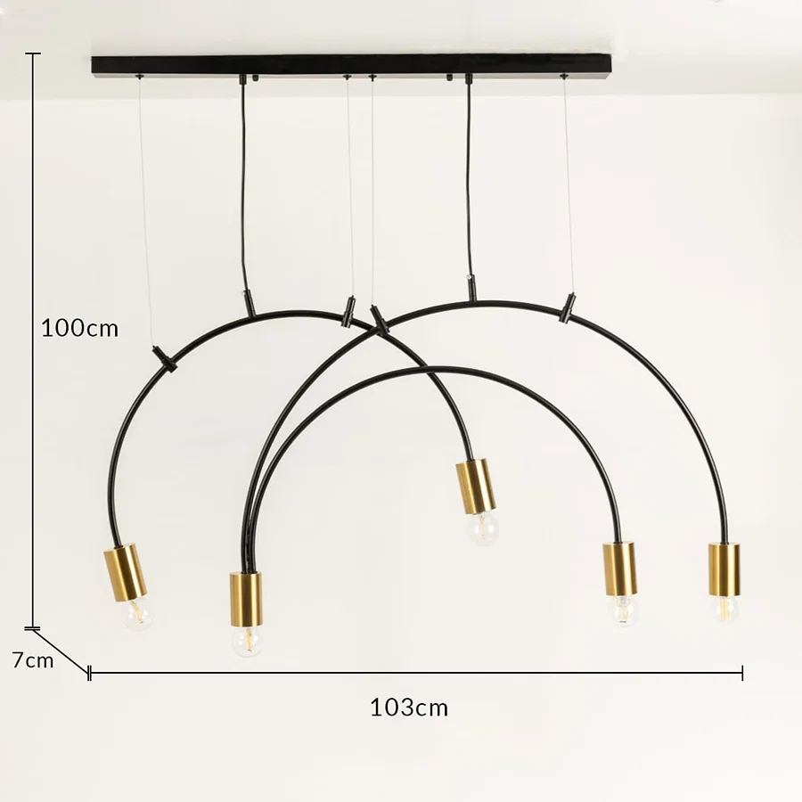 A black metal chandelier with gold bulb holders shown with detailed measurements displaying a height of 100cm width of 103cm and depth of 7cm for accurate sizing.