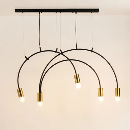 Black and gold metal arc chandelier with illuminated tube shades creating striking modern ceiling lighting for interiors.