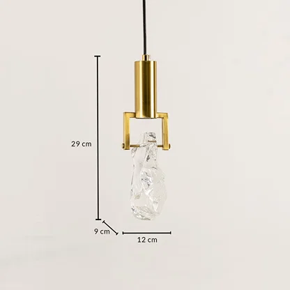 Gold metal and crystal pendant light dimension image with 12 cm width and 29 cm height for luxury bedside placement.