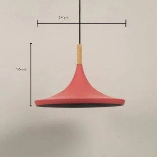 Dimension image of coral pink metal pendant light with wooden accent showing 36 cm height and 24 cm width.