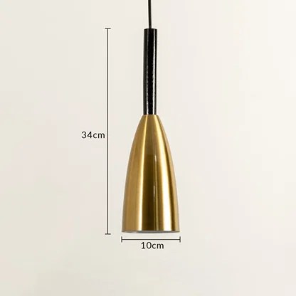 Gold metal tapered pendant light dimension image with 10 cm width and 34 cm height for luxury bedside placement.