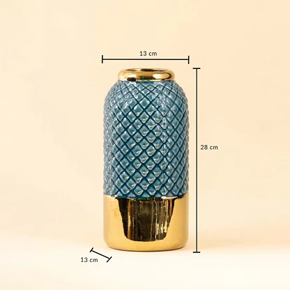 A blue textured vase with gold base displayed on a white background showing clear dimensions of height 28 cm top width 13 cm and bottom width 13 cm.