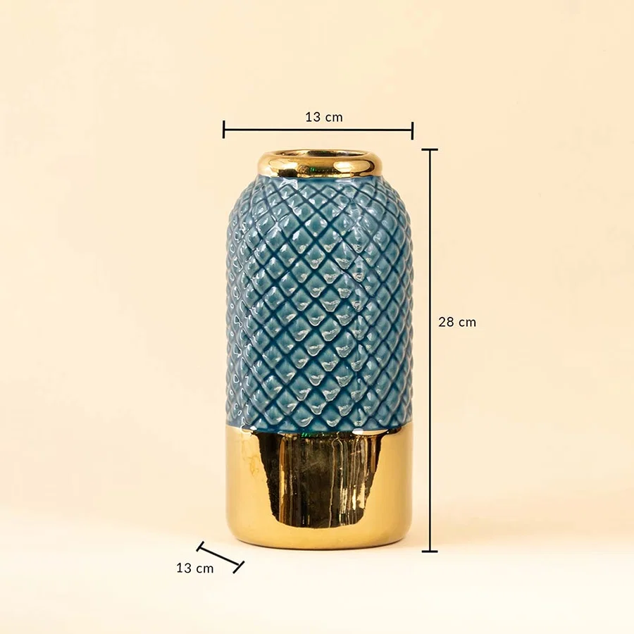A blue textured vase with gold base displayed on a white background showing clear dimensions of height 28 cm top width 13 cm and bottom width 13 cm.