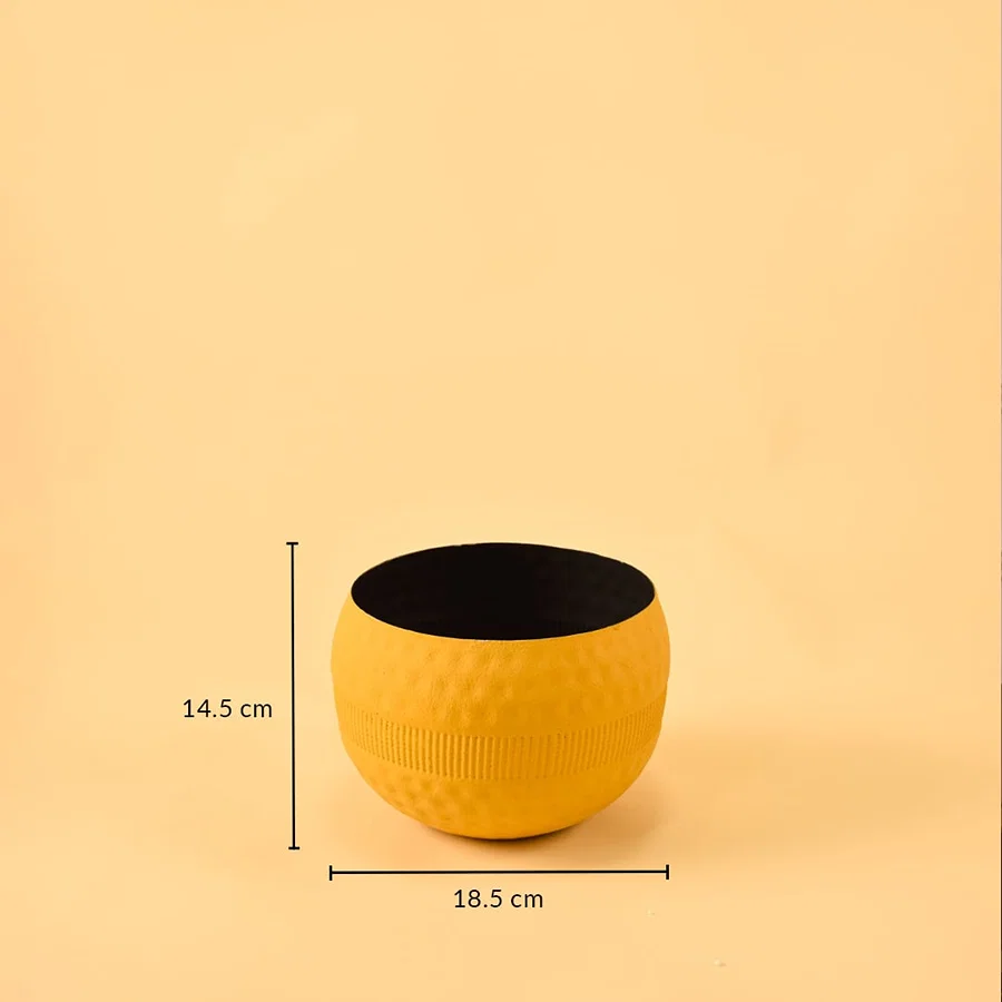 Yellow round textured pot with black interior shown with 18.5 cm width and 14.5 cm height for modern decorative home styling.