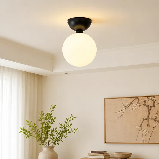 Modern ceiling light with black base and frosted glass globe styled in living room for elegant home lighting.