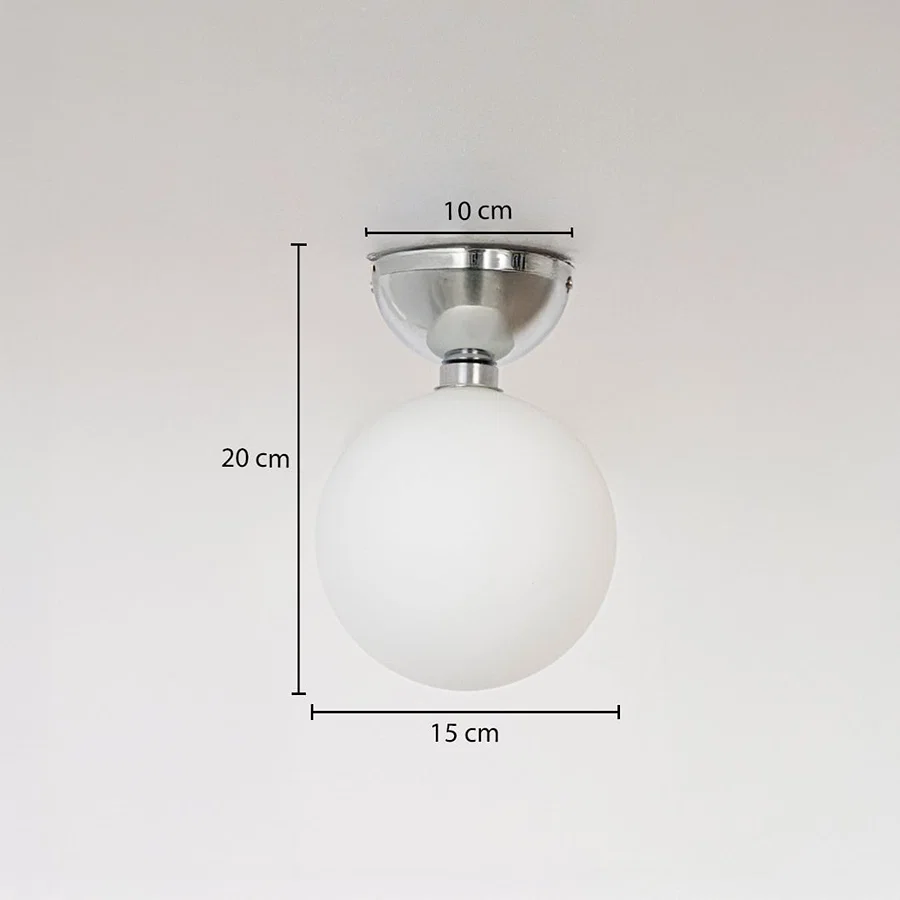 Ceiling light with chrome base and frosted glass globe shown with size dimensions 20 cm height 15 cm width and 10 cm base.