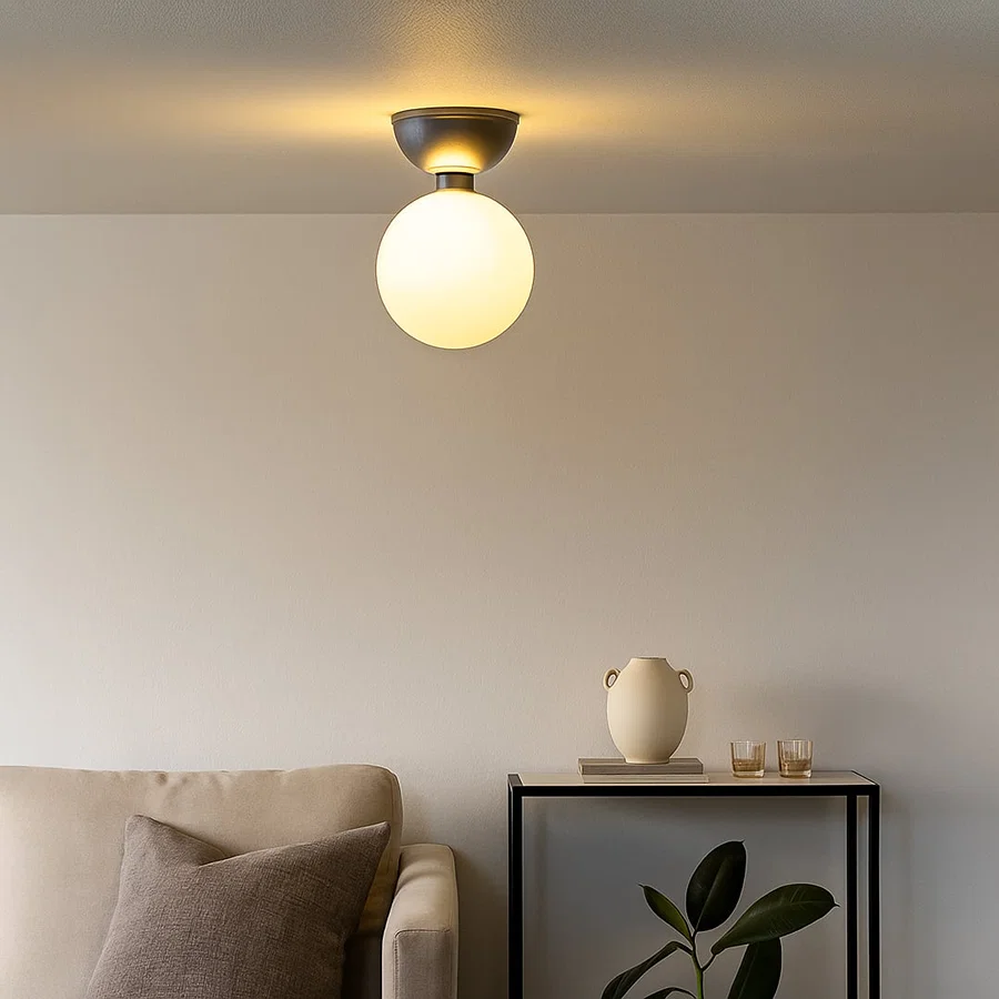 Modern ceiling light with chrome base and frosted glass globe styled in cozy living room for home interior lighting.