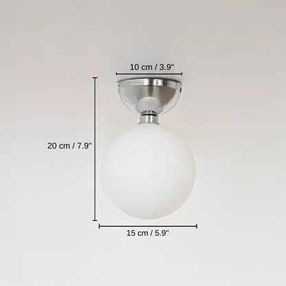 Ceiling light with chrome base and frosted glass globe, base 20 x 15 x 15 cm (7.9 x 5.9 x 5.9 inches), canopy 10 x 10 cm (3.9 x 3.9 inches) dimensions