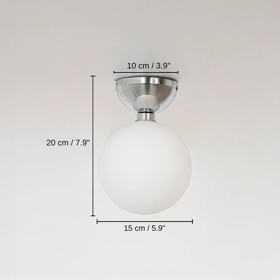 Ceiling light with chrome base and frosted glass globe, base 20 x 15 x 15 cm (7.9 x 5.9 x 5.9 inches), canopy 10 x 10 cm (3.9 x 3.9 inches) dimensions