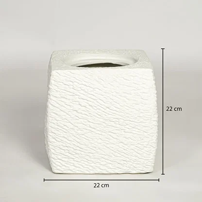 White textured ceramic planter dimension image showing 22 cm height and 22 cm width decorative ceramic accent for floor styling.