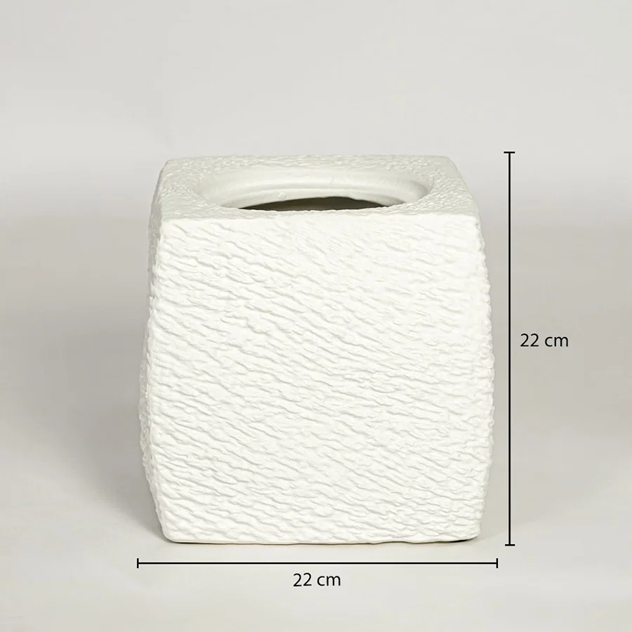 White textured ceramic planter dimension image showing 22 cm height and 22 cm width decorative ceramic accent for floor styling.
