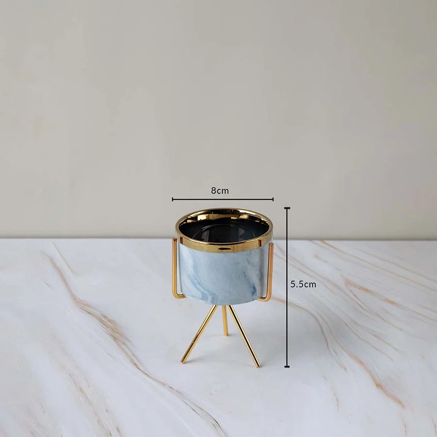 A compact marble finish planter on a gold metal stand featured with clear measurements showing 8 cm width and 5.5 cm height for reference.