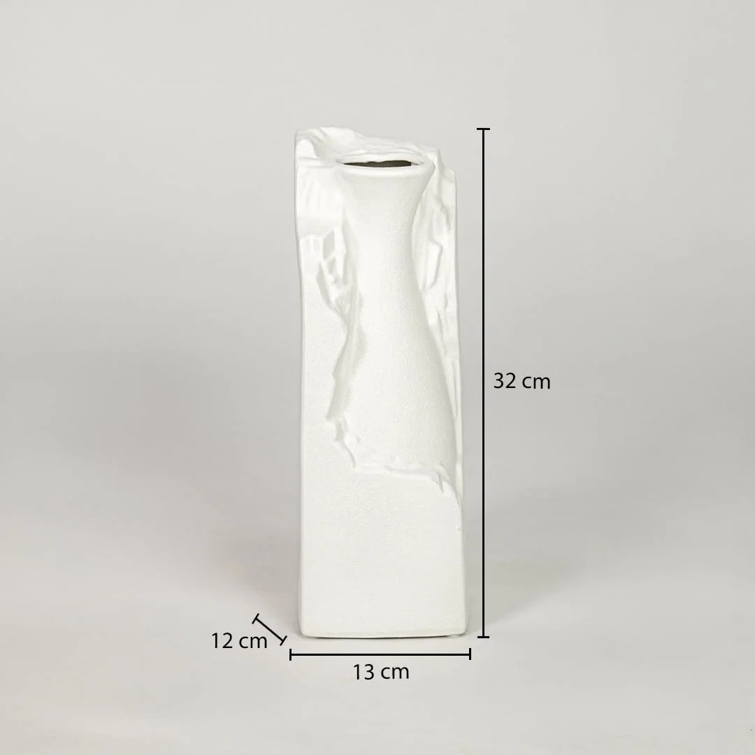 White ceramic flower vase size 32 cm height 11 cm width 9 cm depth decorative vase for table console styling.