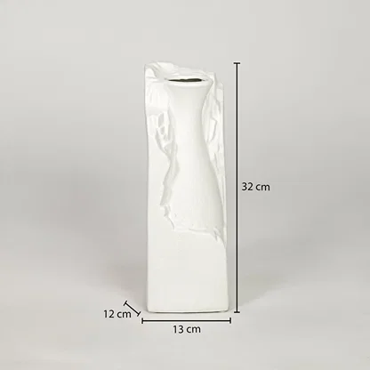 White ceramic flower vase size 32 cm height 11 cm width 9 cm depth decorative vase for table console styling.