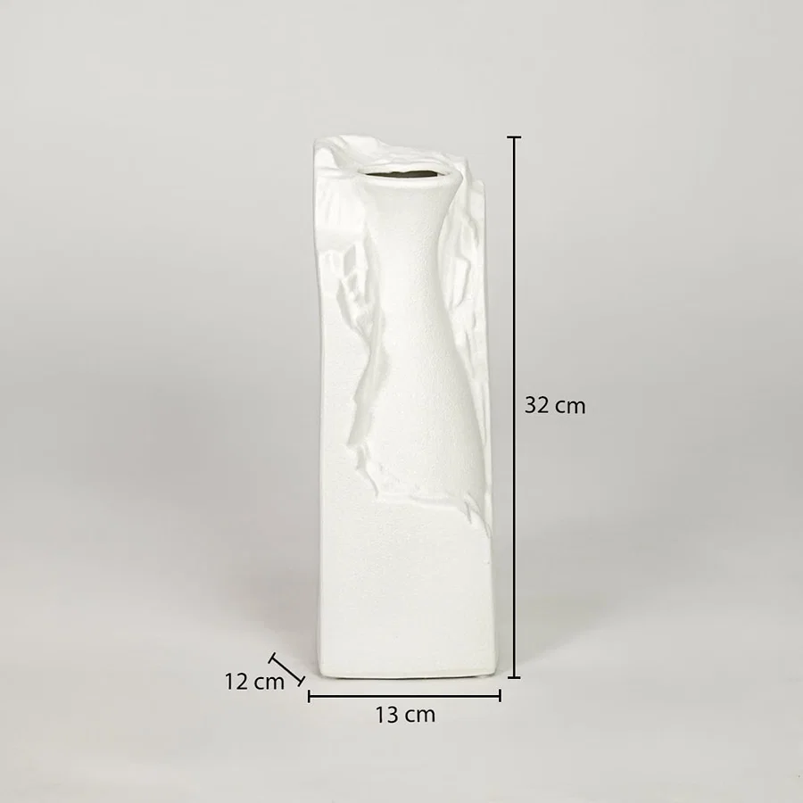 White ceramic flower vase size 32 cm height 11 cm width 9 cm depth decorative vase for table console styling.