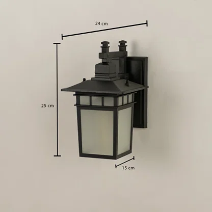 Modern black outdoor wall lantern dimension image with 25 cm height and frosted glass panels for entry pathway decor.