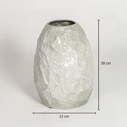 White textured ceramic vase dimension image showing 30 cm height and 23 cm width decorative ceramic accent for table styling.
