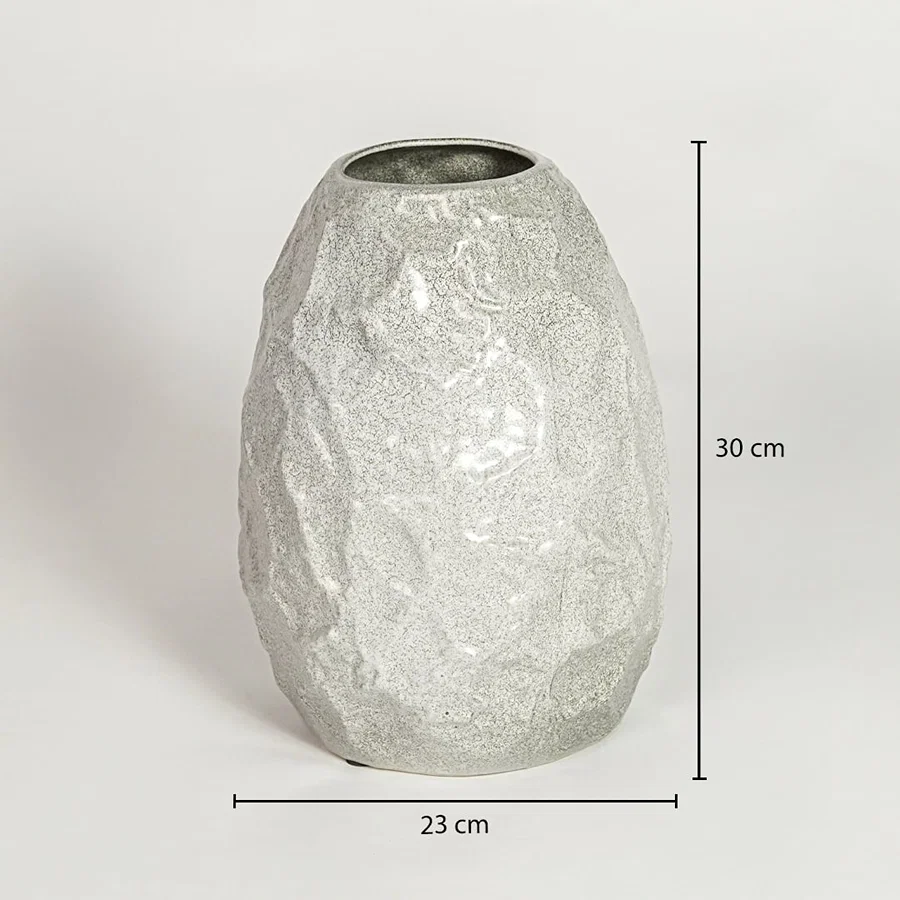White textured ceramic vase dimension image showing 30 cm height and 23 cm width decorative ceramic accent for table styling.