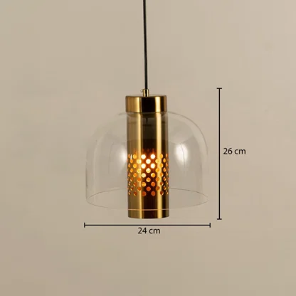 Clear glass and gold metal pendant light dimension image with 24 cm width and 26 cm height for modern kitchen placement.
