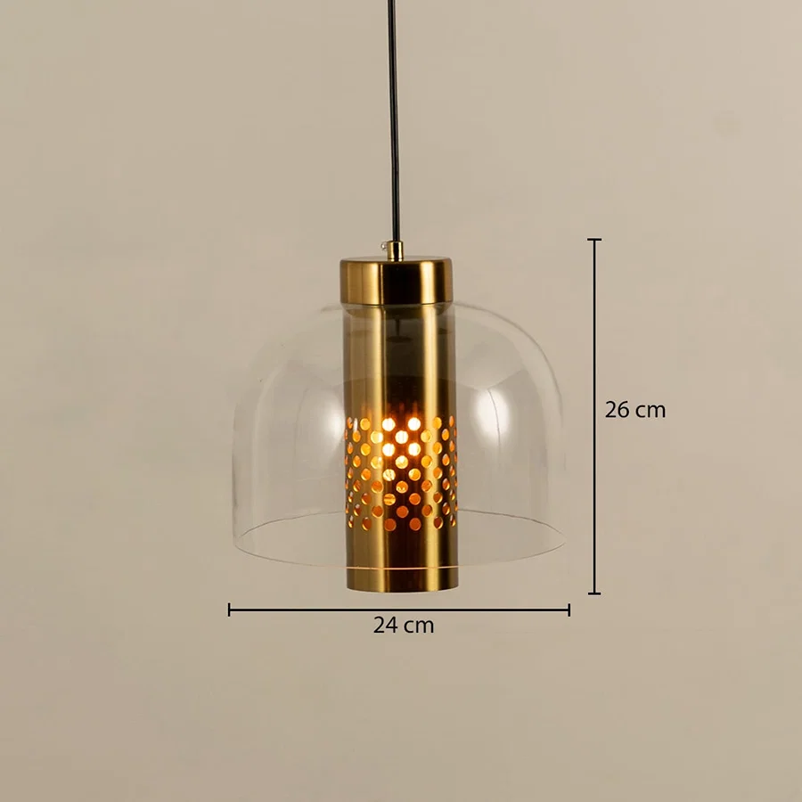 Clear glass and gold metal pendant light dimension image with 24 cm width and 26 cm height for modern kitchen placement.