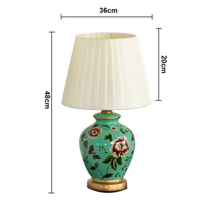 Hand painted ceramic table lamp showing 48 cm height and 36 cm width for accurate product dimensions.