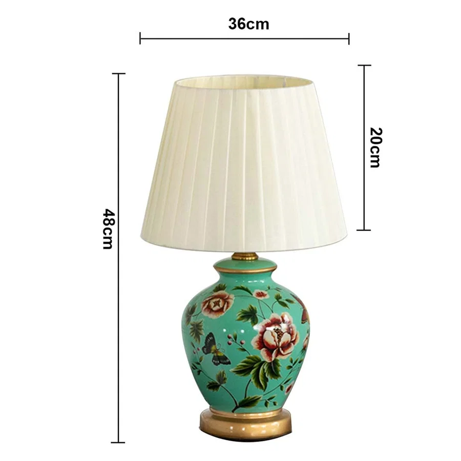 Hand painted ceramic table lamp showing 48 cm height and 36 cm width for accurate product dimensions.