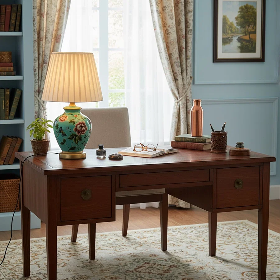Green floral ceramic table lamp with white pleated shade placed on study desk adding elegance to interior lighting.