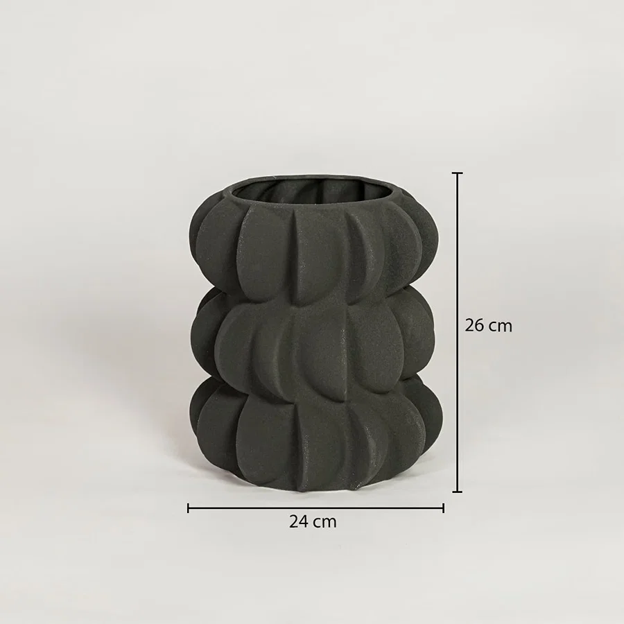 Black ceramic decorative flower vase showing 24 cm width and 26 cm height ideal for console table decor display.