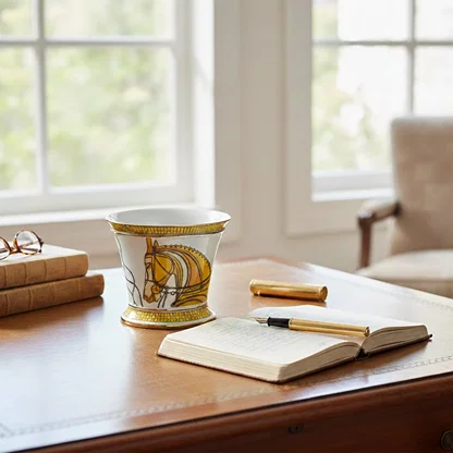 White ceramic decorative jar with gold abstract artwork styled on a wooden desk for elegant modern home decor settings.