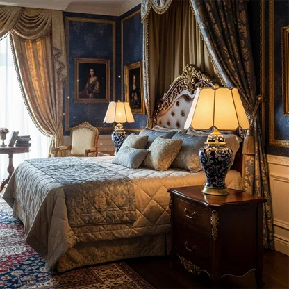 Stylish floral ceramic table lamp in rich blue tones with gold accents and cream shade blends classic charm and elegance for premium bedroom decor.