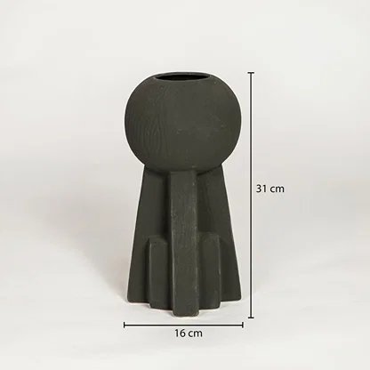Black ceramic decorative vase showing 16 cm width and 31 cm height ideal for console table shelf and modern home decor display.