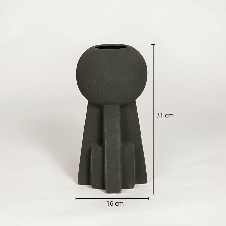 Black ceramic decorative vase showing 16 cm width and 31 cm height ideal for console table shelf and modern home decor display.