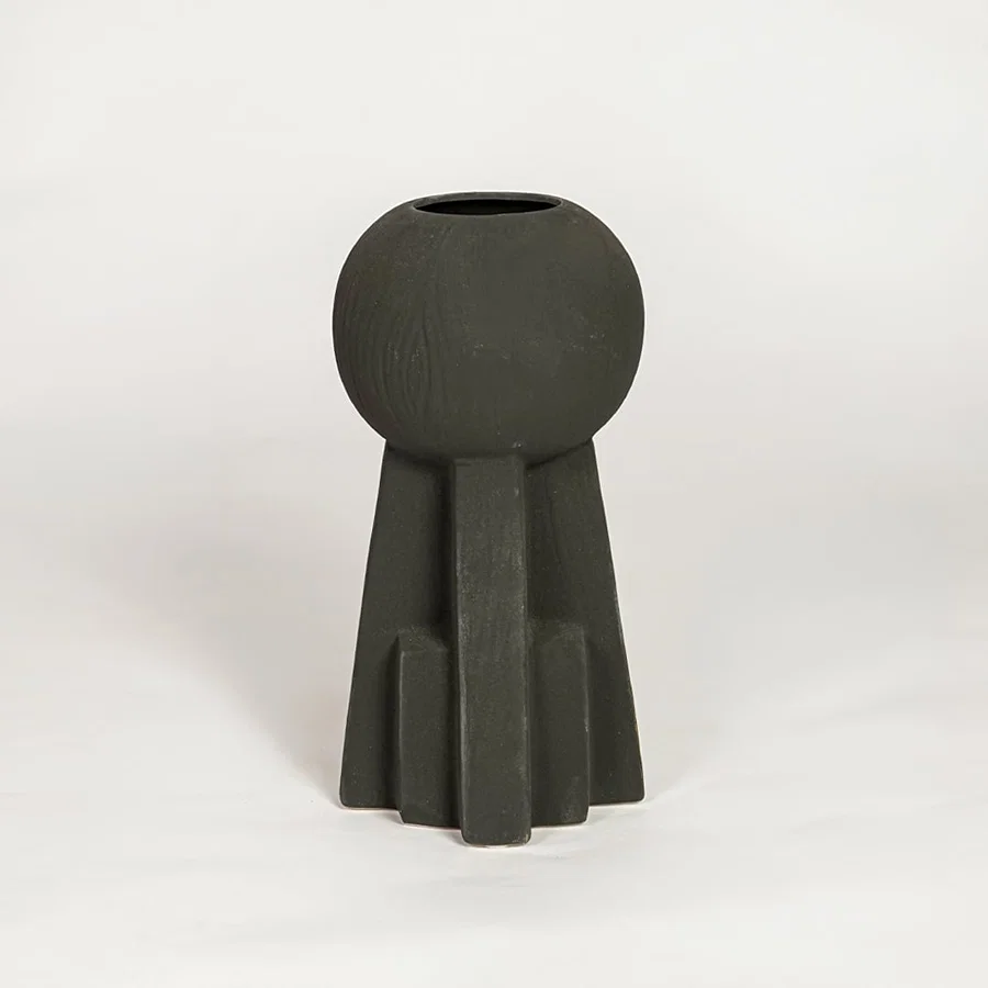 Modern black ceramic sculptural decorative vase ideal for dried flower arrangement on console table shelf and stylish home decor.