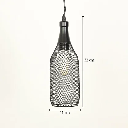 Modern black metal mesh pendant light measuring 32 cm height and 11 cm width on white background.