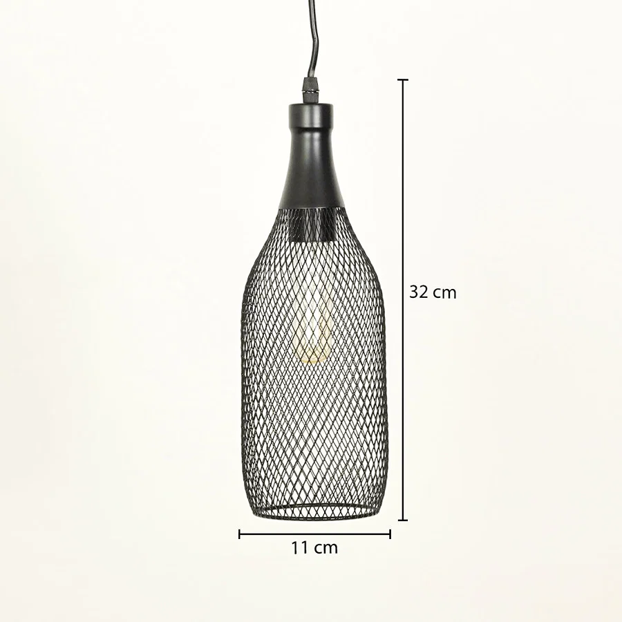 Modern black metal mesh pendant light measuring 32 cm height and 11 cm width on white background.
