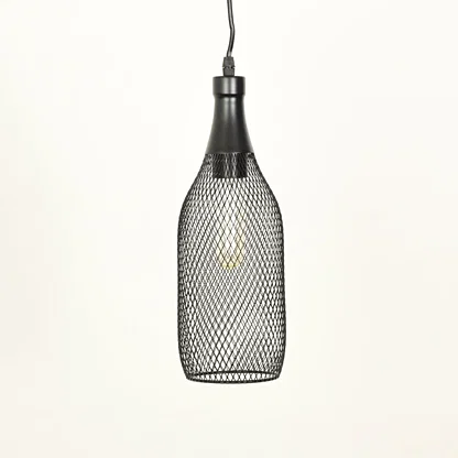 Modern black metal mesh pendant light for dining room breakfast bar on white background with elegant finish.