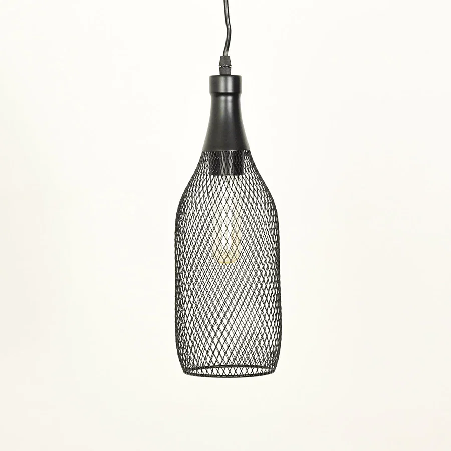 Modern black metal mesh pendant light for dining room breakfast bar on white background with elegant finish.