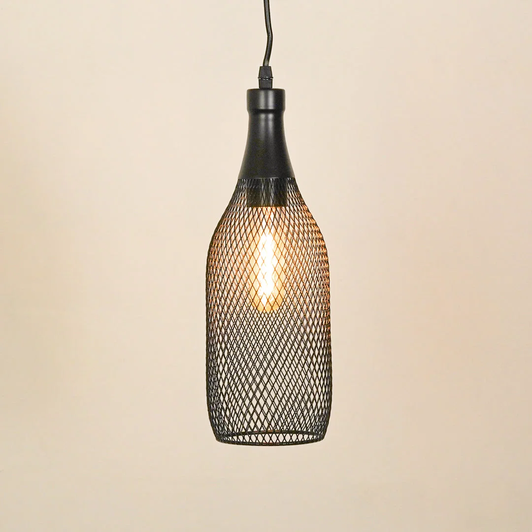 Black metal mesh pendant light for dining room kitchen island and modern home interiors on white background image.