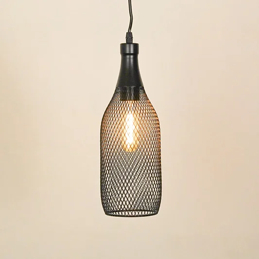 Black metal mesh pendant light for dining room kitchen island and modern home interiors on white background image.