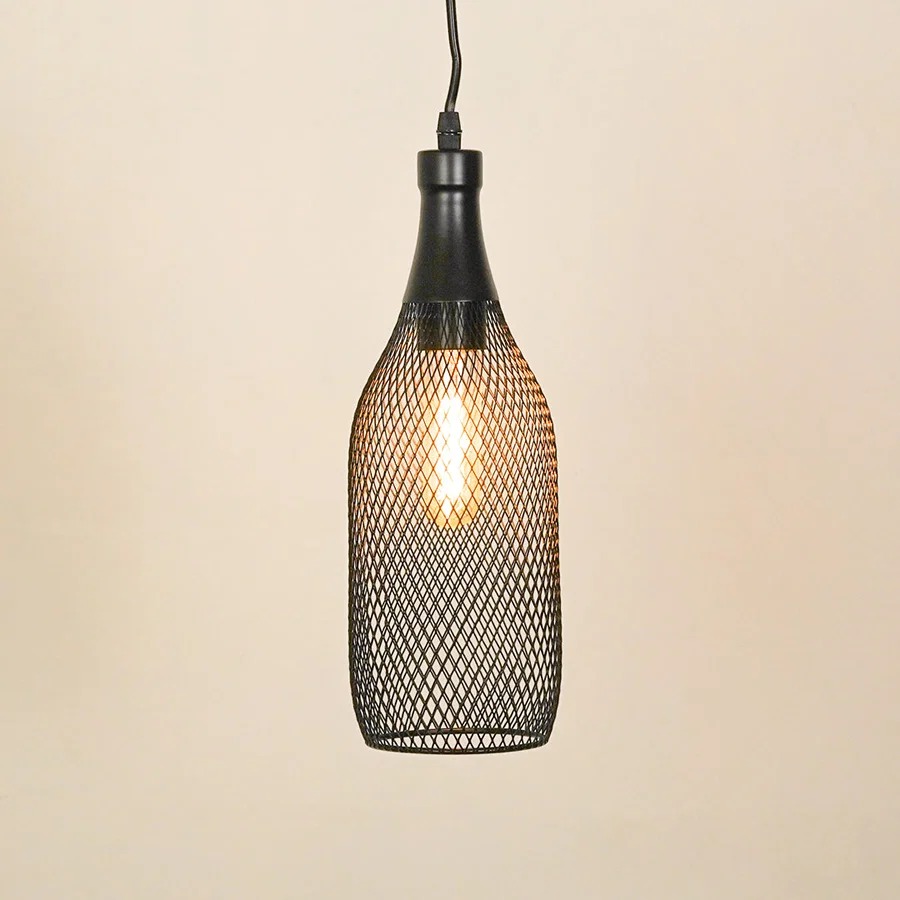Black metal mesh pendant light for dining room kitchen island and modern home interiors on white background image.