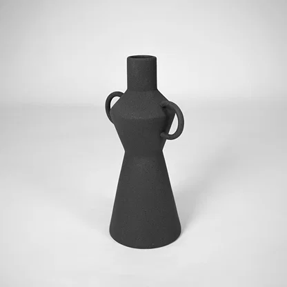 Black textured ceramic vase for modern shelf placement and elegant living room decor styling accent display piece.