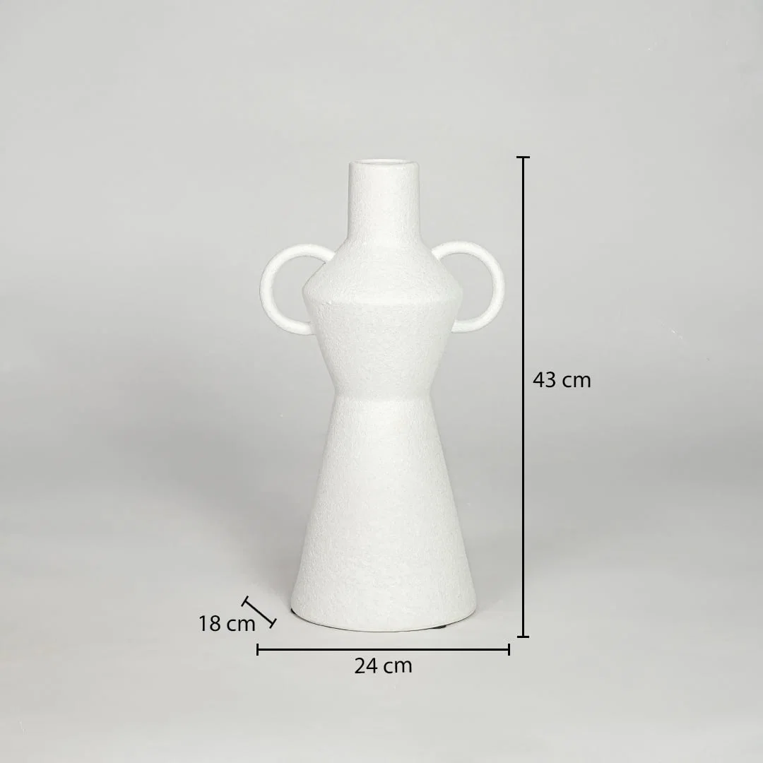 White ceramic decorative flower vase size 43 cm height 24 cm length 18 cm width modern large vase dimension image for product reference.