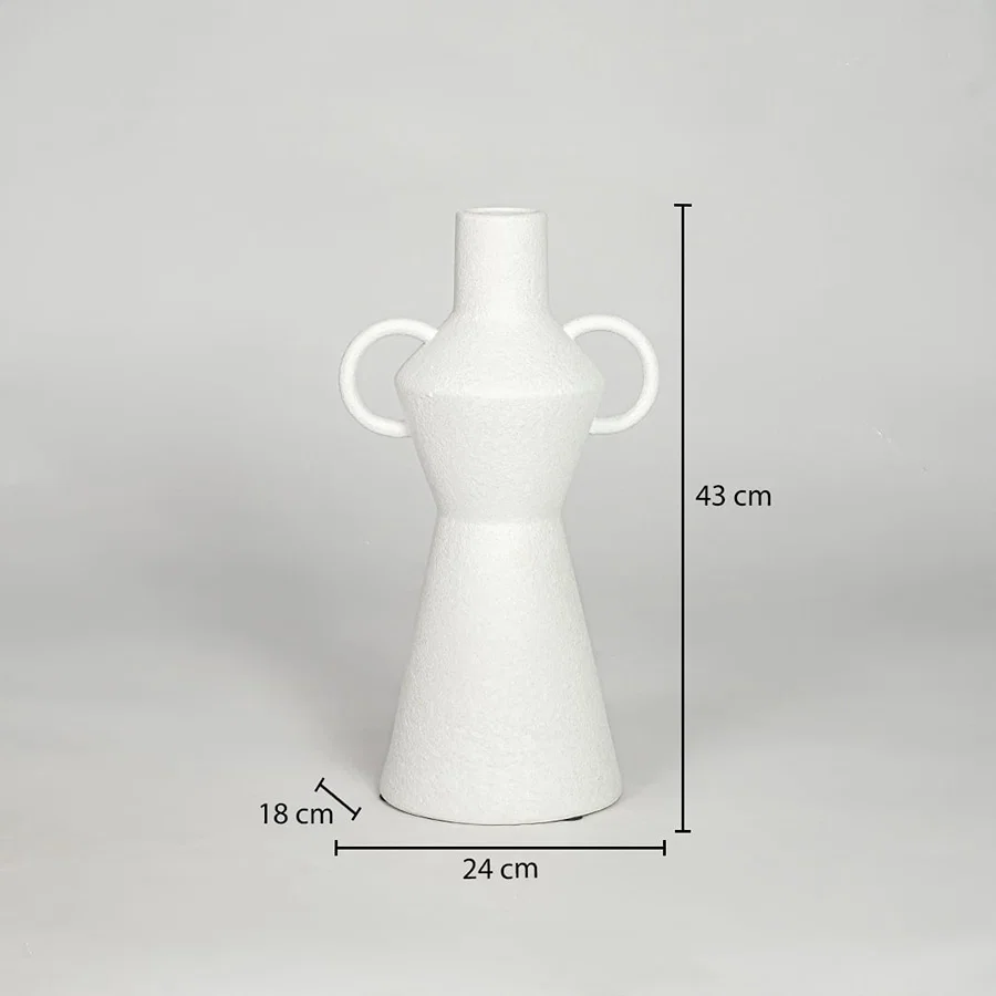 White ceramic decorative flower vase size 43 cm height 24 cm length 18 cm width modern large vase dimension image for product reference.