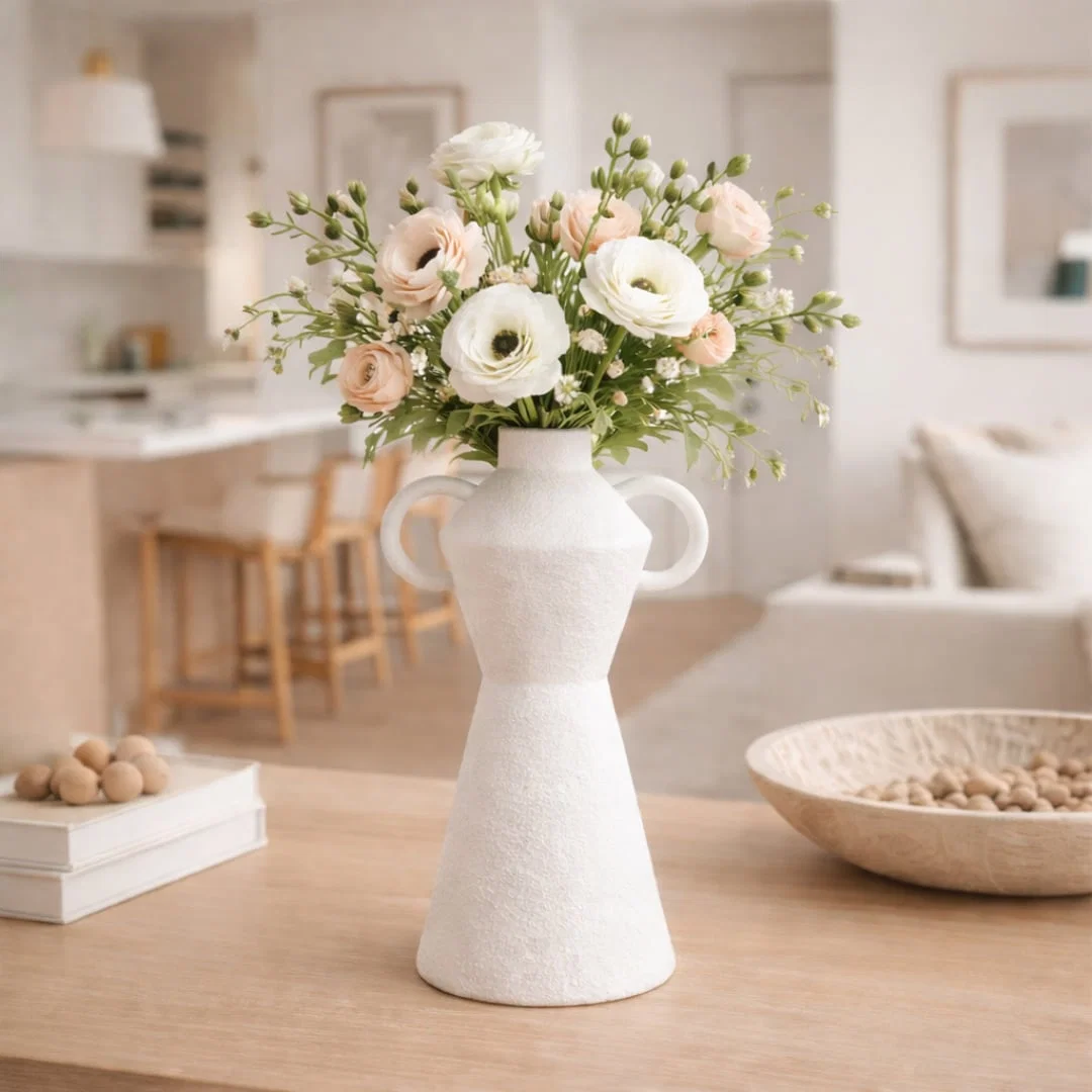 White ceramic decorative flower vase placed on wooden table with fresh flowers modern living room home decor styling idea.
