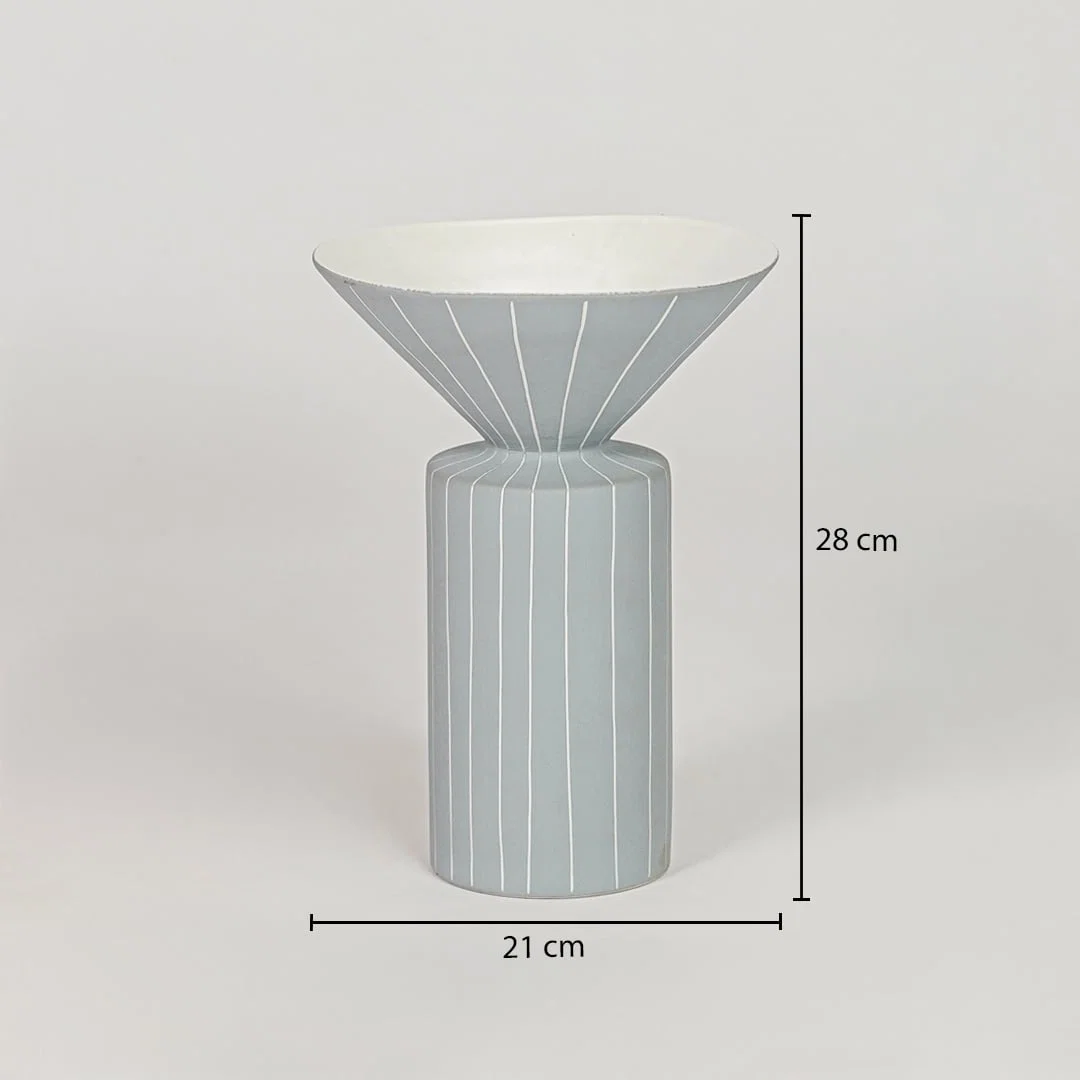 Blue ceramic flower vase size 36 cm height 21 cm width modern decorative vase for table console shelf styling.